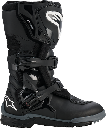 Alpinestars Corozal Adventure Drystar motorcycle boots in black, US 11, with rugged design and protective features.