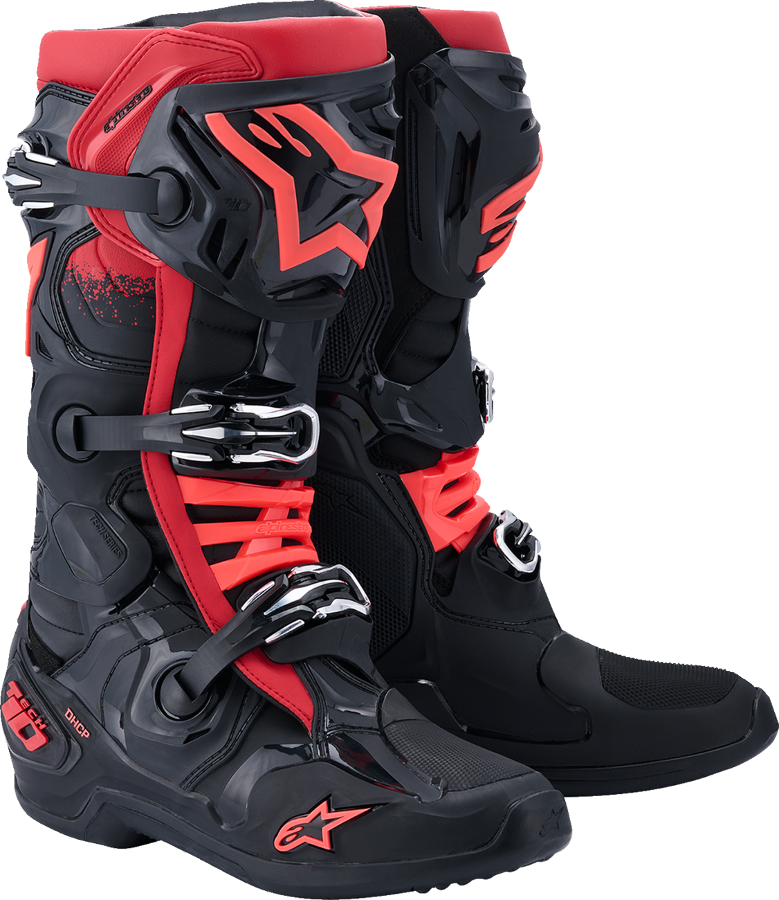 Alpinestars Tech 10 motorcycle boots in black and red with advanced flexion and impact protection, US size 8 / EU 42.