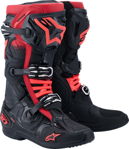 Alpinestars Tech 10 motorcycle boots in black and red with advanced flexion and impact protection, US size 8 / EU 42.