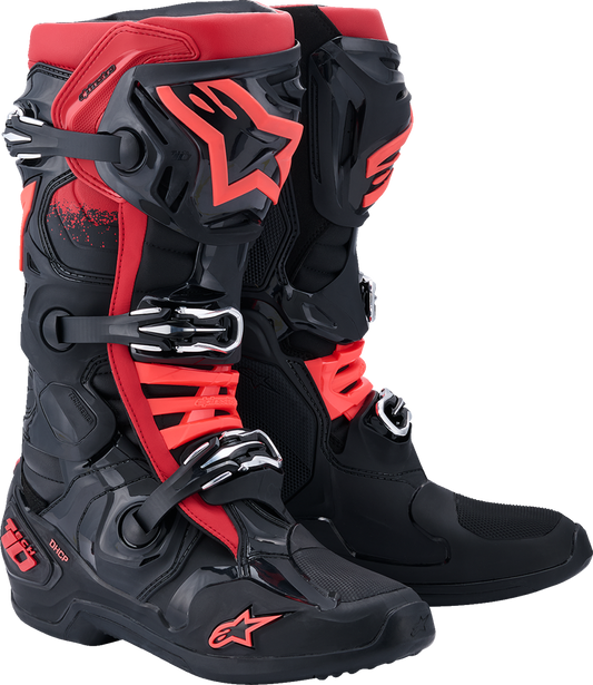 Alpinestars Tech 10 motorcycle boots in black and red with advanced flexion and impact protection, US size 8 / EU 42.