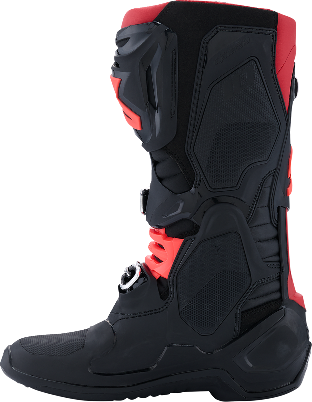 Alpinestars Tech 10 motorcycle boots in black and red with advanced flexion and impact protection, US size 8, EU 42.