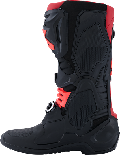 Alpinestars Tech 10 motorcycle boots in black and red with advanced flexion and impact protection, US size 8, EU 42.