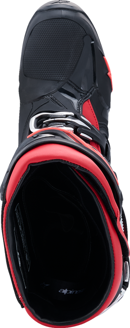 Alpinestars Tech 10 motorcycle boots in black and red with advanced flexion and impact protection, US size 8 / EU 42.