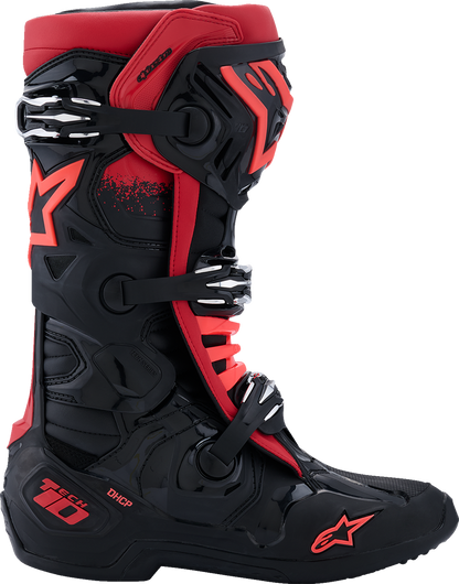 Alpinestars Tech 10 motocross boots in black and red with advanced flexion and impact protection, US size 8 / EU 42.