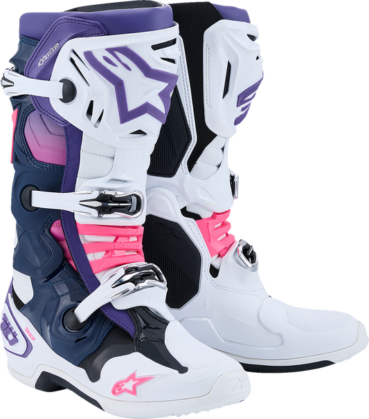Alpinestars Tech 10 motocross boots in white, violet, navy, and pink fluorescent with US 10 size and protective design.