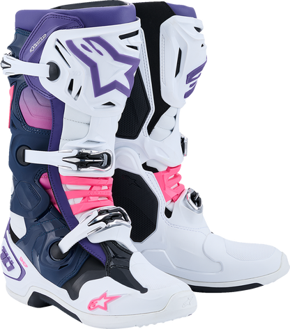 Alpinestars Tech 10 motorcycle boots in white, violet, navy, and pink fluorescent, US 12, showing side and top view.