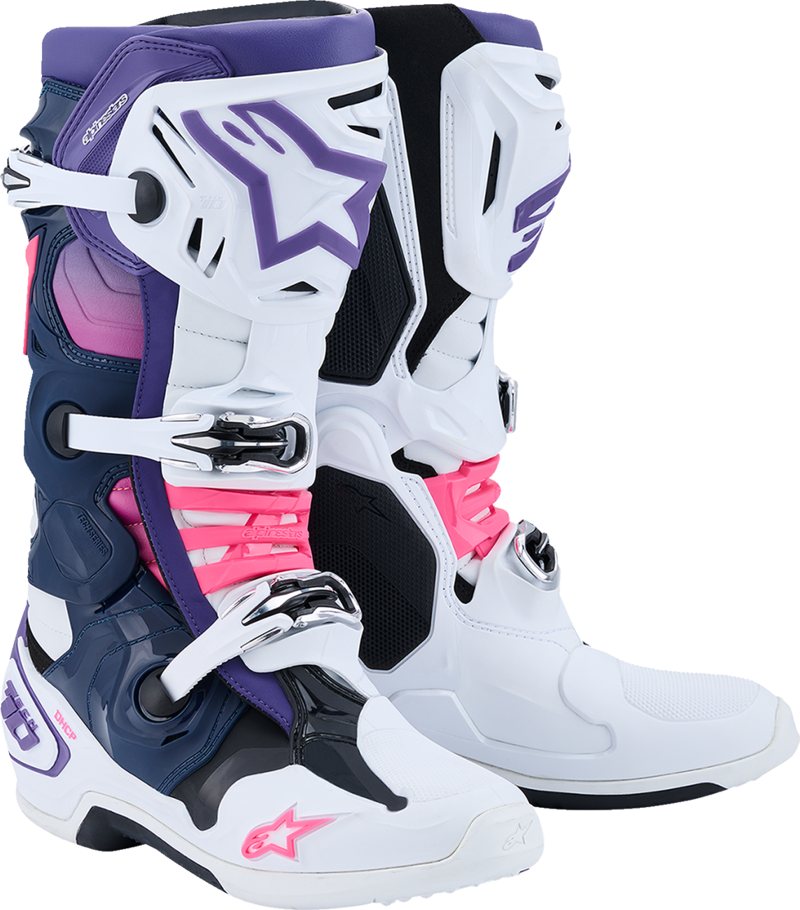 Alpinestars Tech 10 motocross boots in white, violet, navy, and pink fluorescent, US 13, side view showing design details.