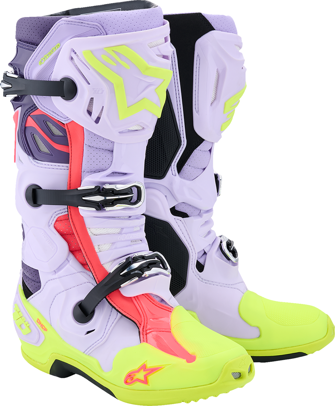 Alpinestars Tech 10 Supervented motocross boots in purple, fluorescent yellow, and diva pink with US size 8, EU 42, showing the sturdy design.