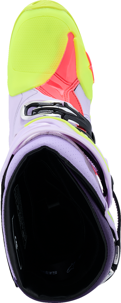 Alpinestars Tech 10 Supervented motorcycle boots in purple, fluorescent yellow, and diva pink, US 8 / EU 42, with protective design.