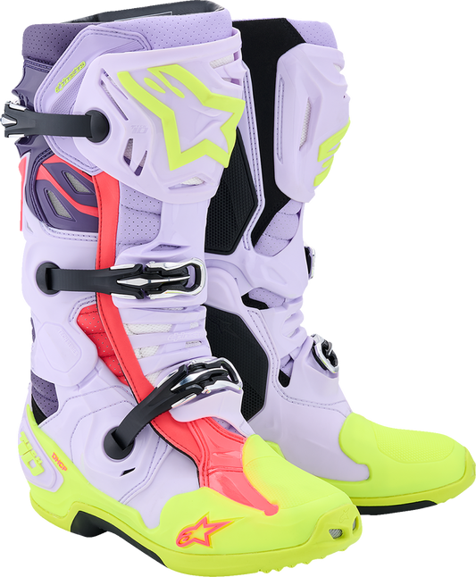 Alpinestars Tech 10 supervented off-road motorcycle boots in purple, fluorescent yellow, and diva pink, US 9 / EU 43.