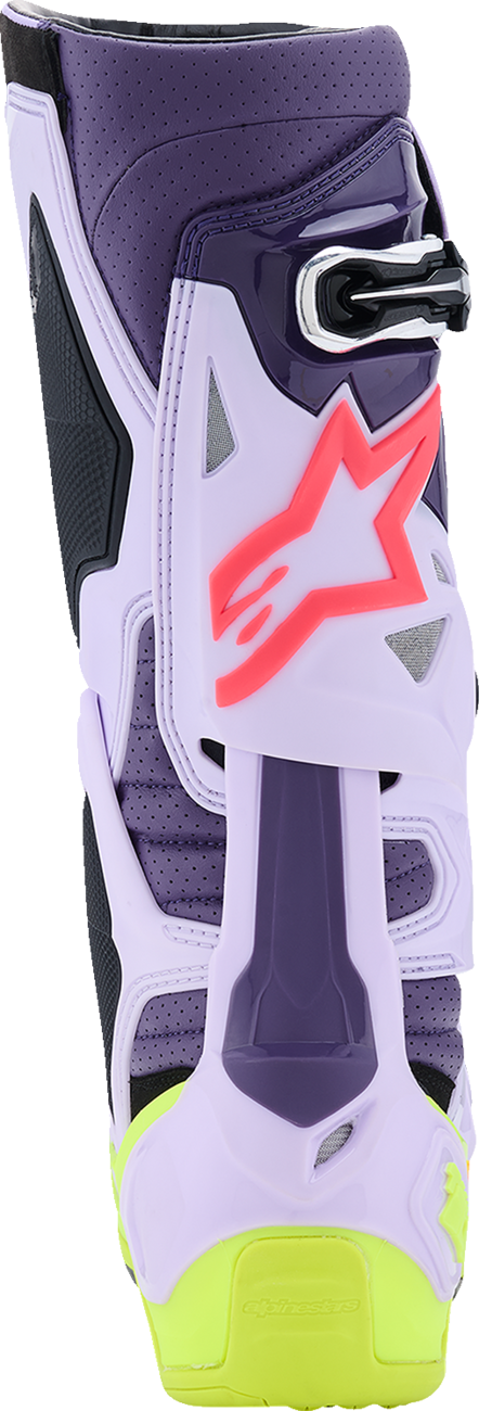 Alpinestars Tech 10 Supervented motorcycle boots in purple, fluorescent yellow, and diva pink, US 8 / EU 42, with protective design.