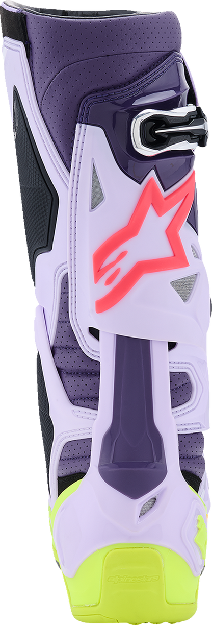 Alpinestars Tech 10 Supervented motorcycle boots in purple, fluorescent yellow, and diva pink, US 8 / EU 42, with protective design.