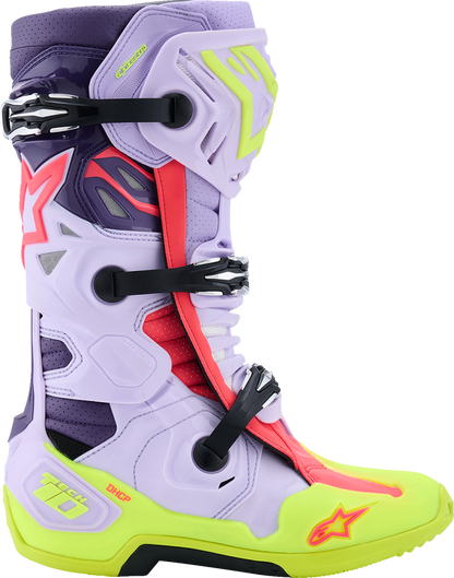 Alpinestars Tech 10 supervented motorcycle boots in purple, fluorescent yellow, and diva pink, US size 8 / EU 42, showing the colorful design.