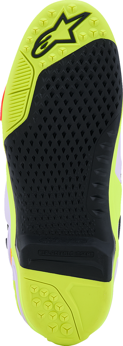 Alpinestars Tech 10 Supervented motorcycle boots in purple, fluorescent yellow, and diva pink with protective design and ventilation.
