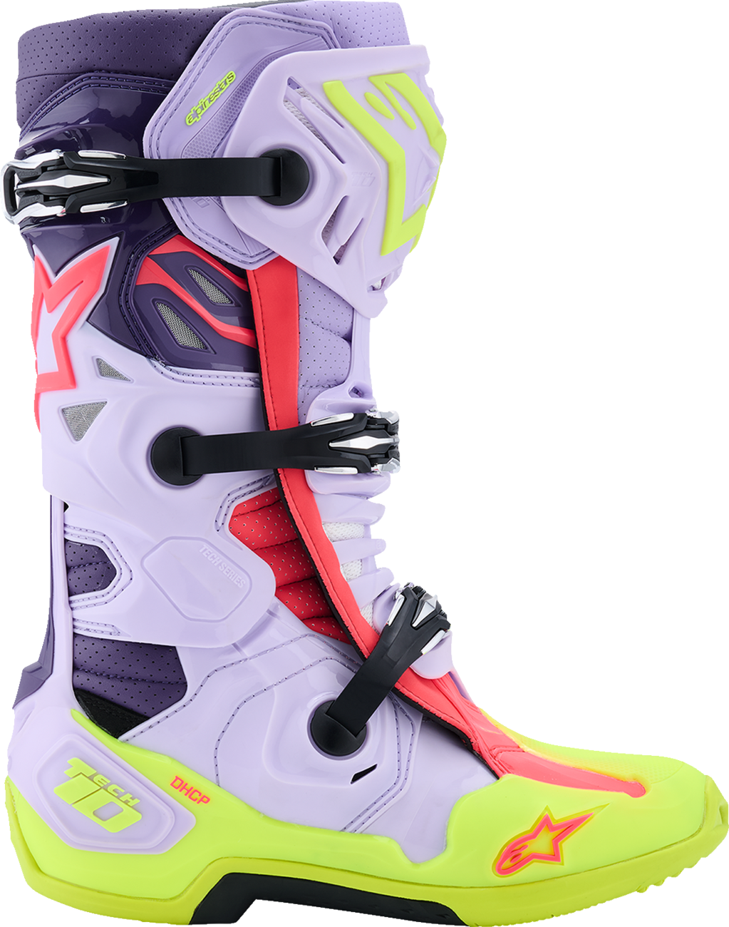 Alpinestars Tech 10 Supervented off-road motocross boots in purple, fluorescent yellow, and Diva pink with US size 9, EU 43.