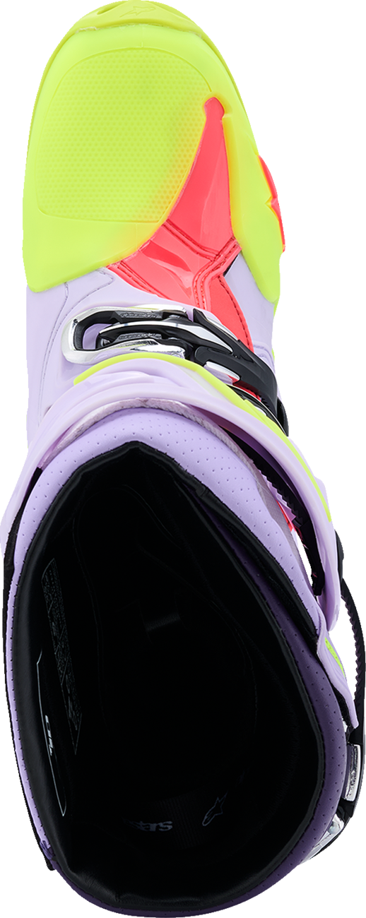 Alpinestars Tech 10 Supervented motorcycle boots in purple, fluorescent yellow, and diva pink, US 10 / EU 44.5, with protective design