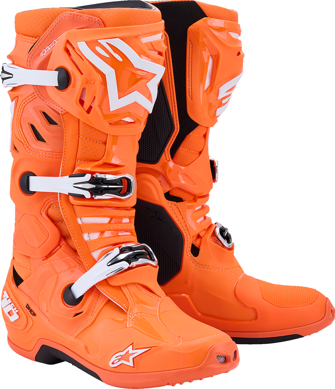 Alpinestars Tech 10 Supervented motocross boots in fluorescent orange, black, and white, US size 9, with protective design.