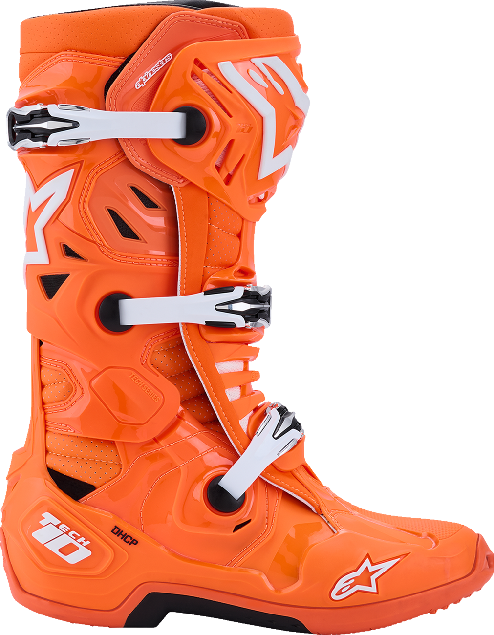 Alpinestars Tech 10 Supervented motocross boots in fluorescent orange, black, and white, US size 9, showing protective features and design.