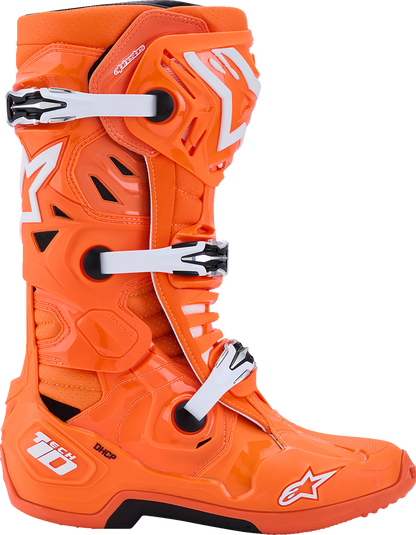 Alpinestars Tech 10 Supervented motocross boots in fluorescent orange, black, and white, US size 9, showing protective features and design.