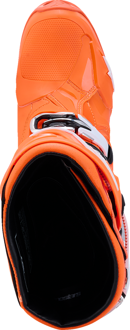 Alpinestars Tech 10 Supervented motocross boots in fluorescent orange, black, and white, US size 9, showing sturdy design and ventilation.