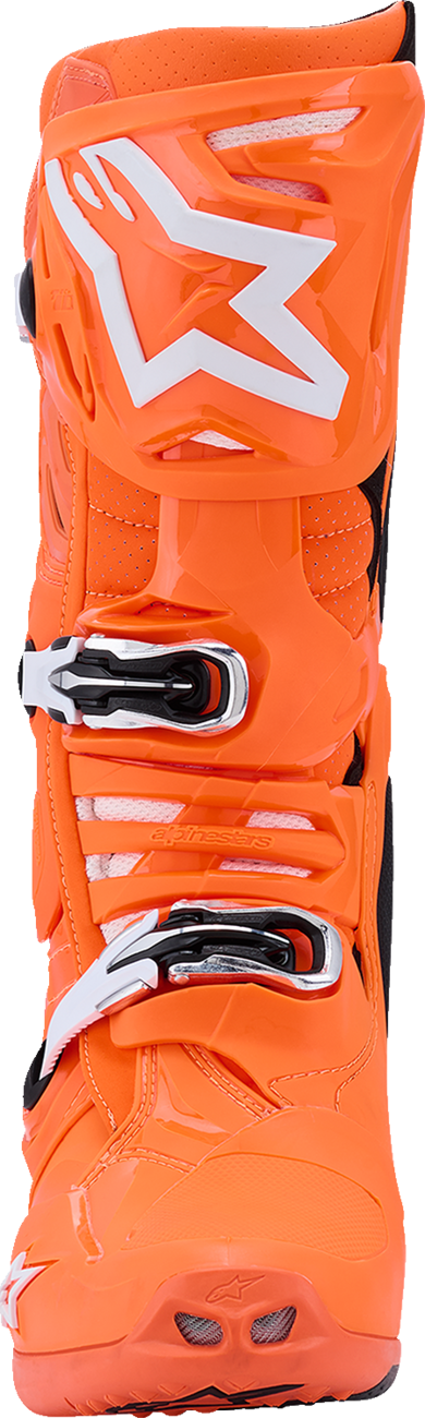 Alpinestars Tech 10 Supervented motorcycle boots in fluorescent orange, black, and white, US size 9, side view showing protective design.