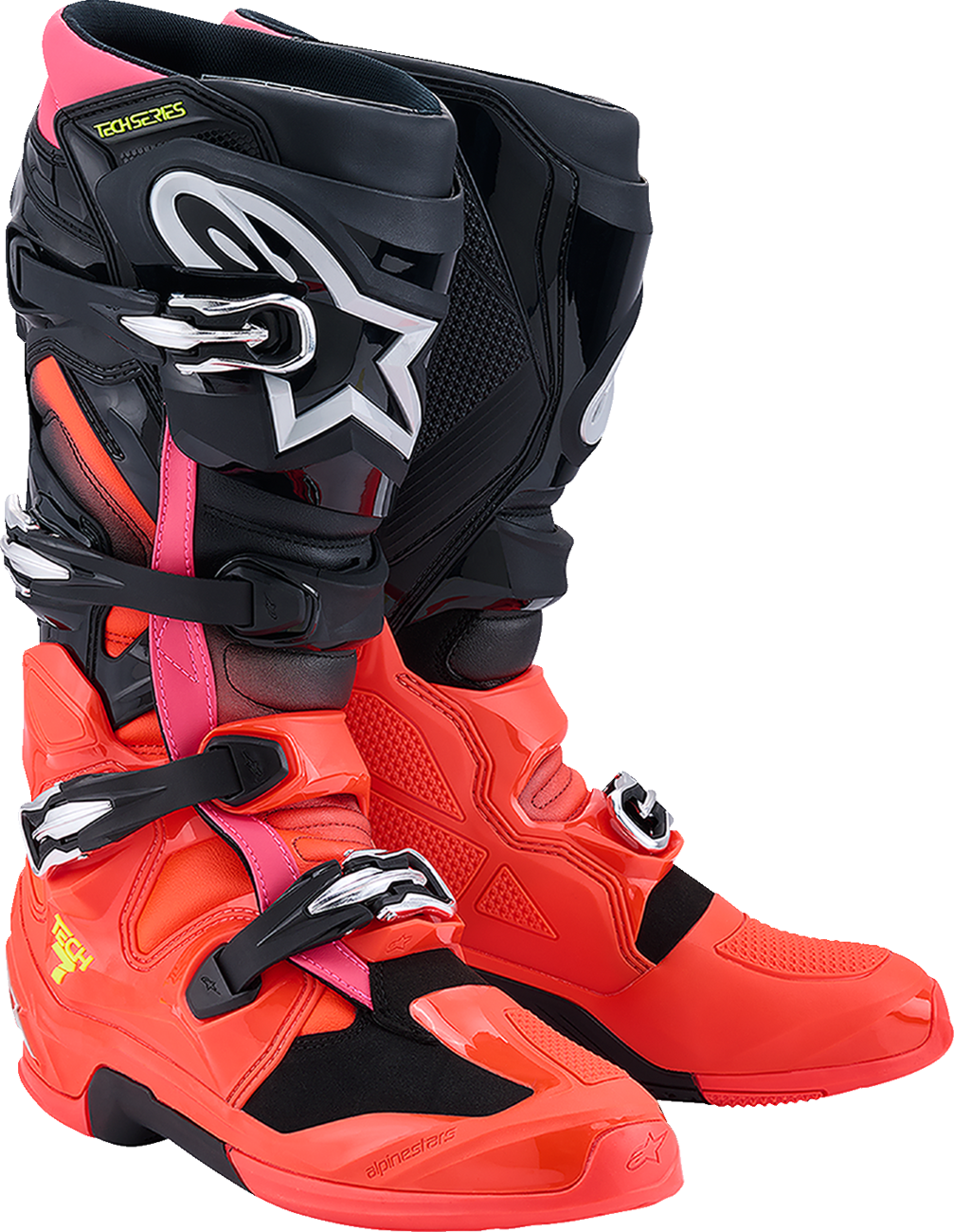Alpinestars Tech 7 off-road motorcycle boots in black with fluorescent red and pink accents, US 8 / EU 42, showing rugged design
