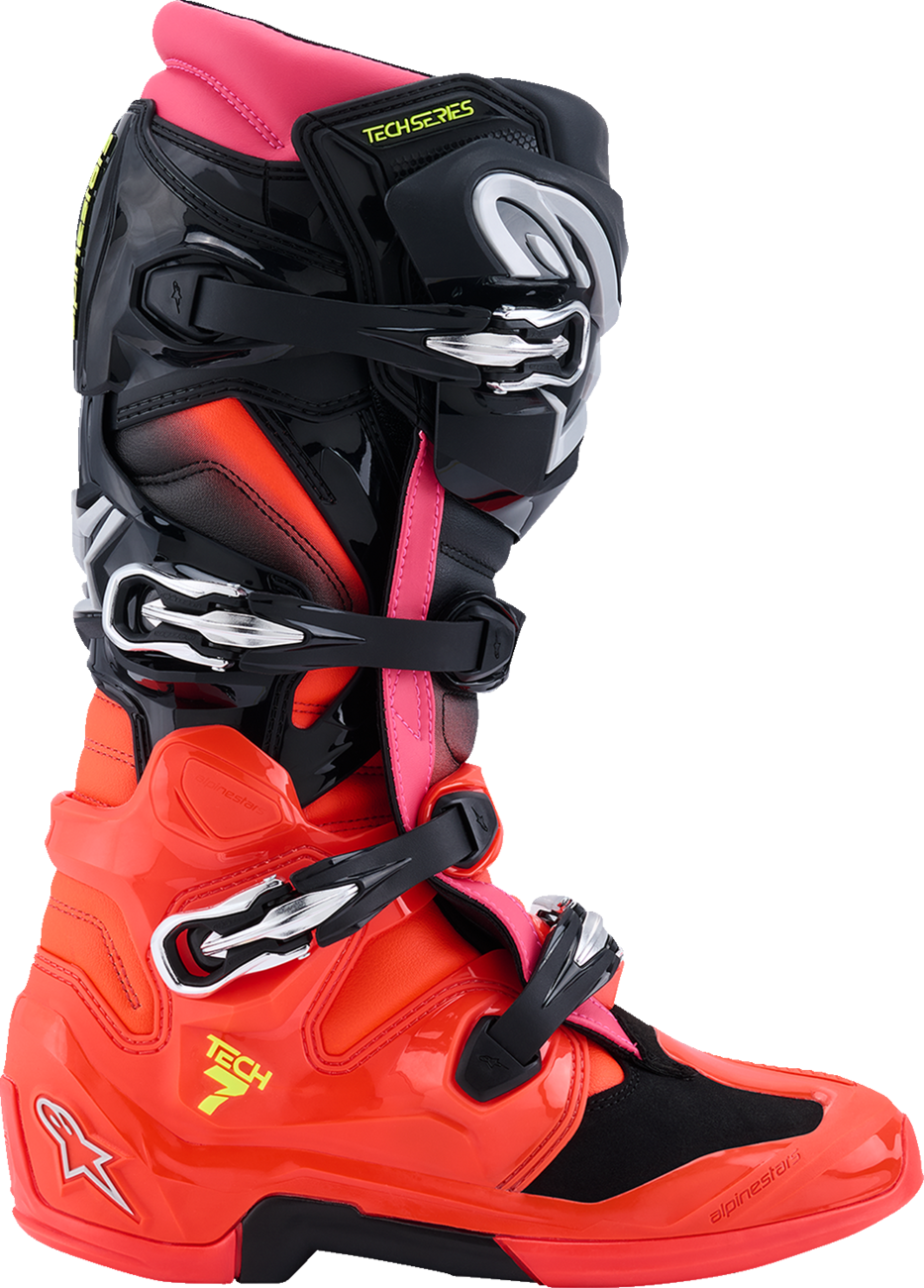 Alpinestars Tech 7 off-road motorcycle boots in black with fluorescent red and pink accents, US size 8, EU 42.