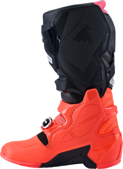 Alpinestars Tech 7 off-road motorcycle boots in black with fluorescent red and pink accents, US 8 / EU 42.