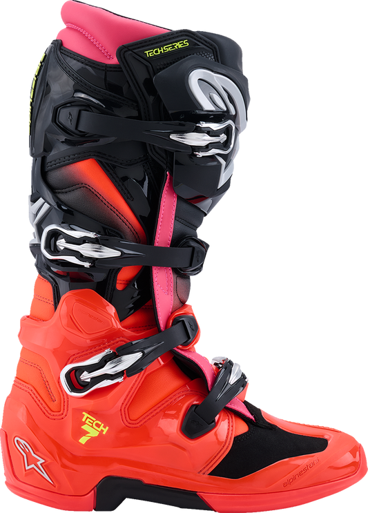Alpinestars Tech 7 off-road motorcycle boots in black with fluorescent red and pink accents, US 12 / EU 47 size.