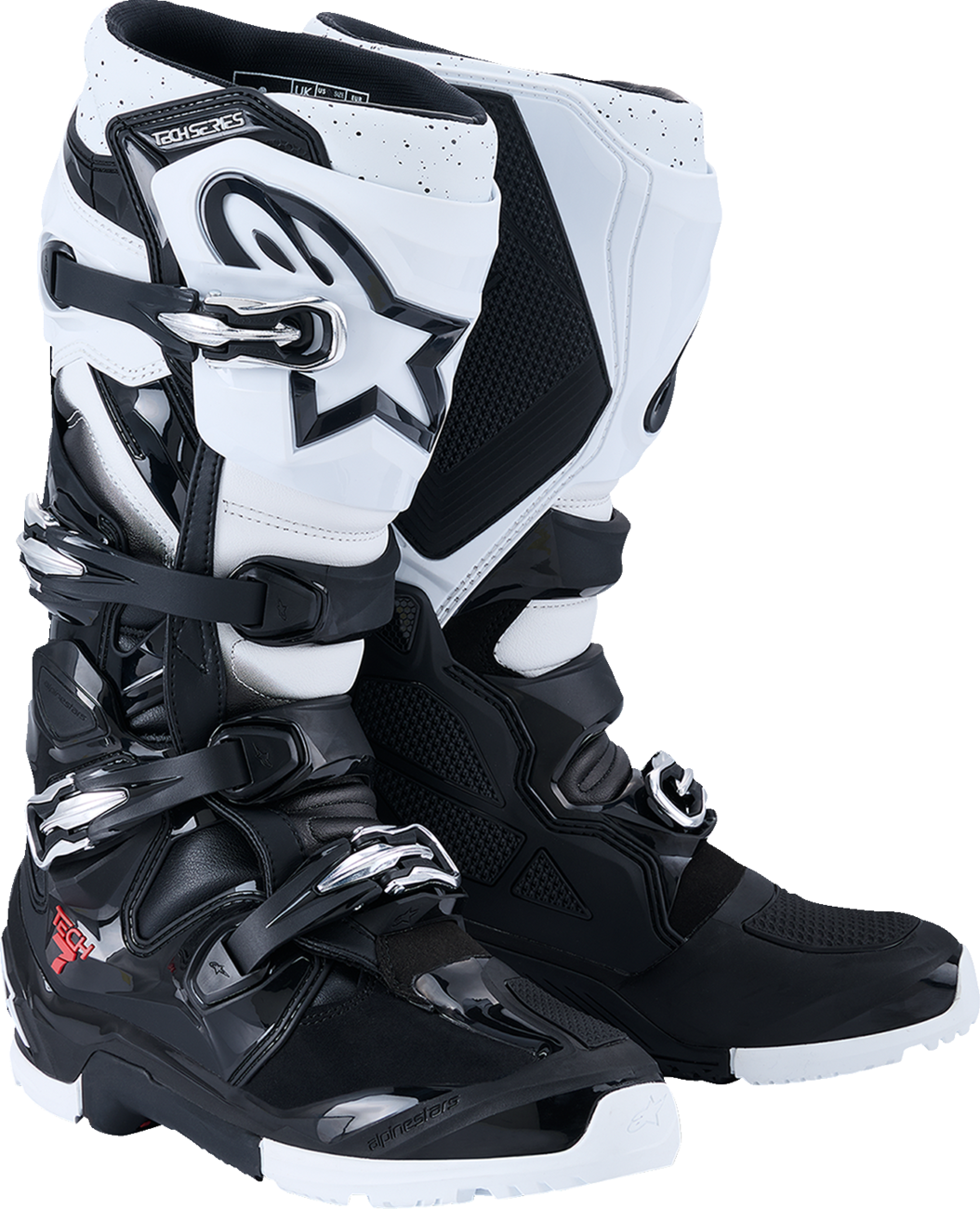 Alpinestars Tech 7 Enduro Boots in black and white, US size 8, showing durable, flexible off-road motorcycle footwear with protective features.