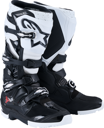 Alpinestars Tech 7 Enduro Boots in black and white, US size 8, showing durable, flexible off-road motorcycle footwear with protective features.