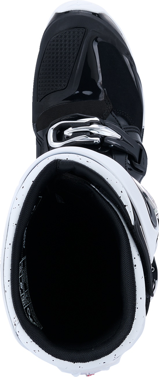 Alpinestars Tech 7 Enduro off-road boots in black and white with durable, flexible design and US size 8.