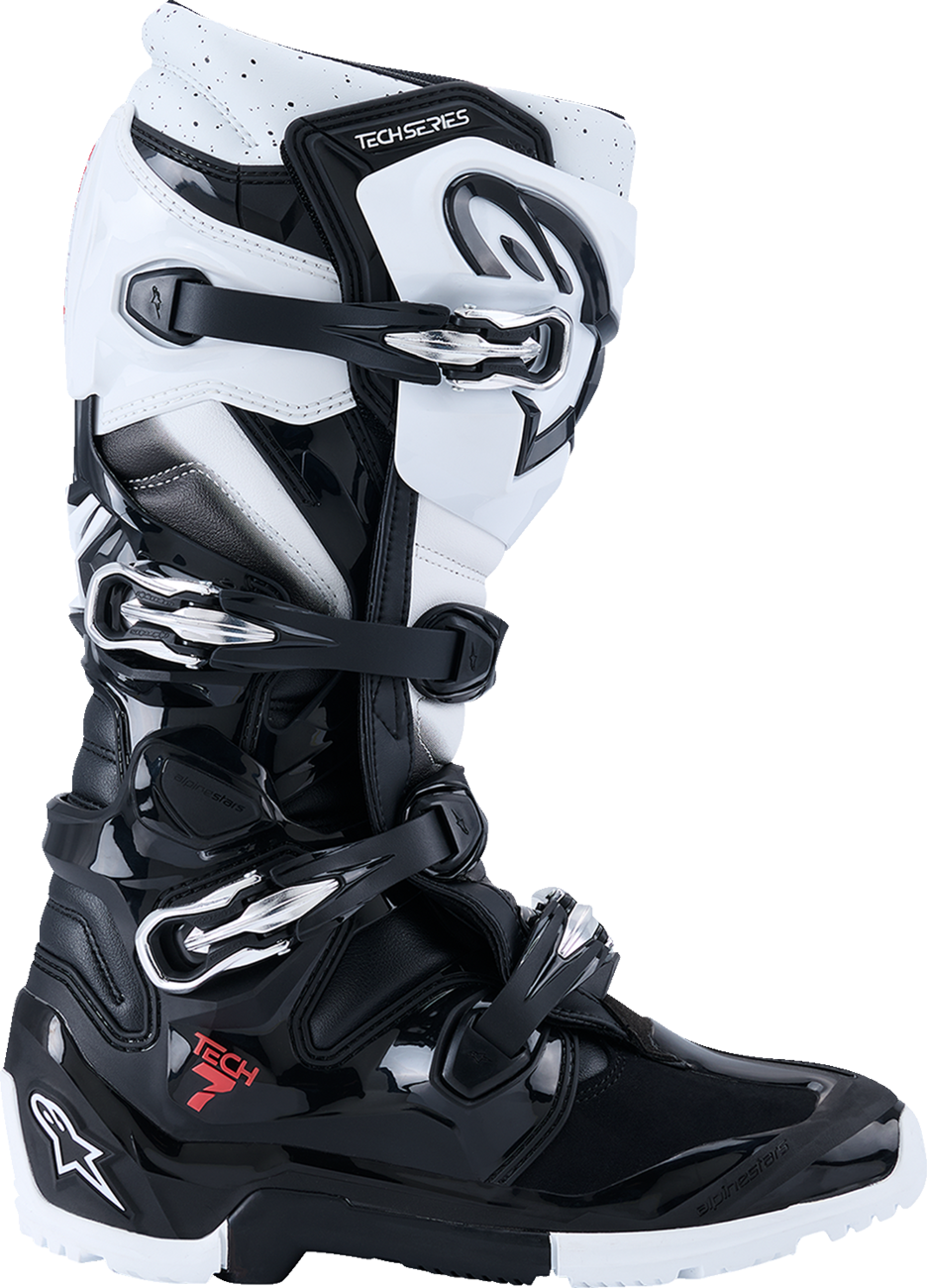 Alpinestars Tech 7 Enduro off-road motorcycle boots in black and white, US 8, showing durable, flexible riding footwear.