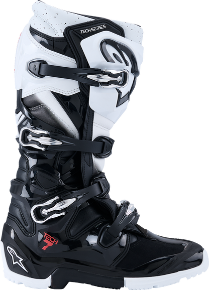 Alpinestars Tech 7 Enduro off-road motorcycle boots in black and white, US 8, showing durable, flexible riding footwear.