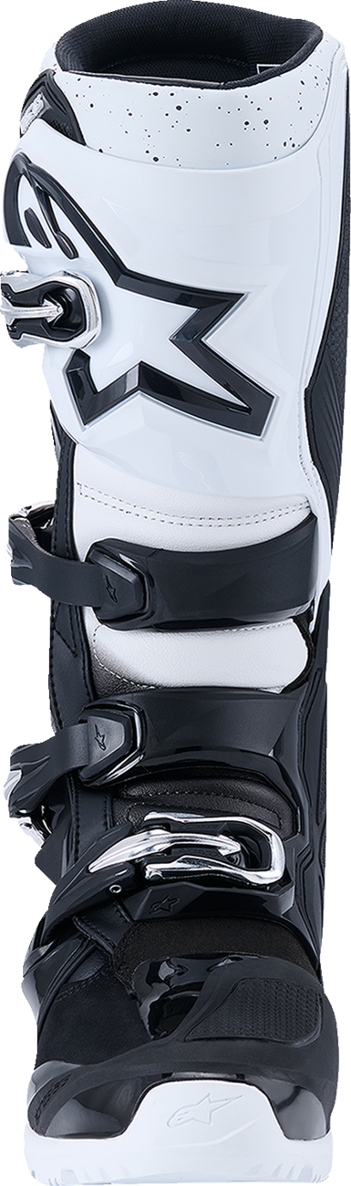 Alpinestars Tech 7 Enduro Boots in black and white, US 8, showcasing durable, flexible off-road motorcycle footwear.