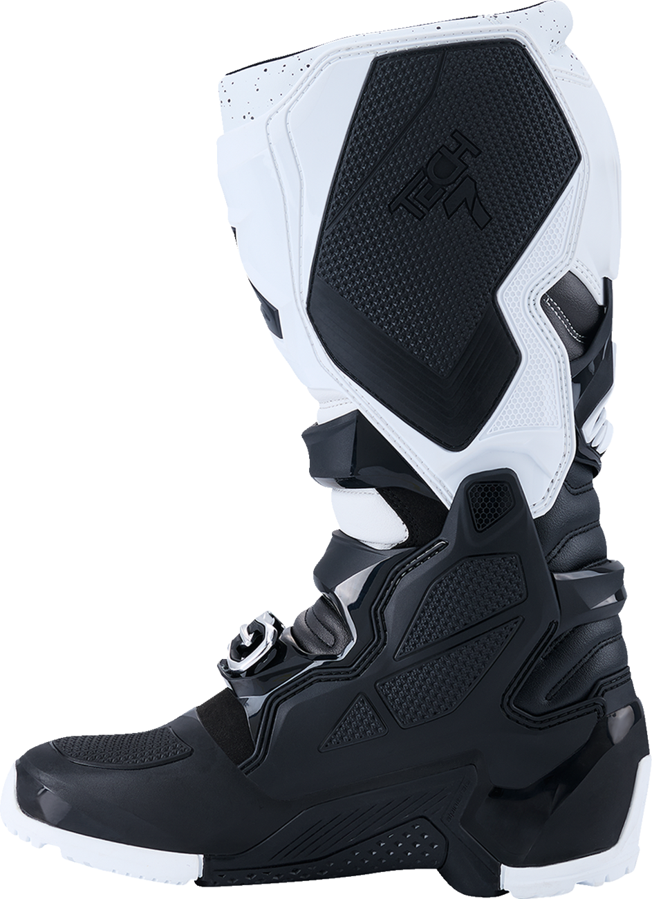 Alpinestars Tech 7 Enduro off-road boots in black and white, US 8, showing durable, flexible motorcycle footwear with protective features.