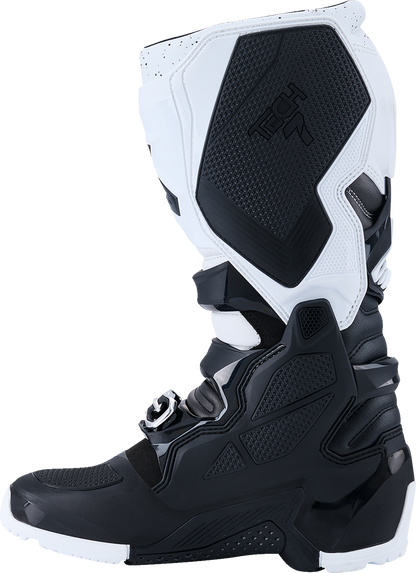 Alpinestars Tech 7 Enduro off-road boots in black and white, US 8, showing durable, flexible motorcycle footwear with protective features.