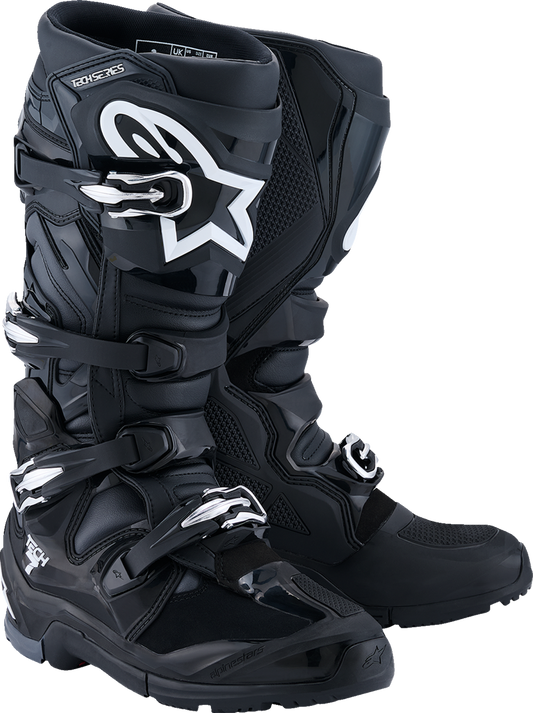 Alpinestars Tech 7 Enduro Boots in black, anthracite, and white with US size 7, featuring sturdy construction and protective design