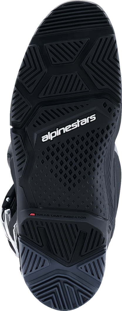 Alpinestars Tech 7 Enduro Boots in black, anthracite, and white for US size 8, featuring rugged design and protective features.