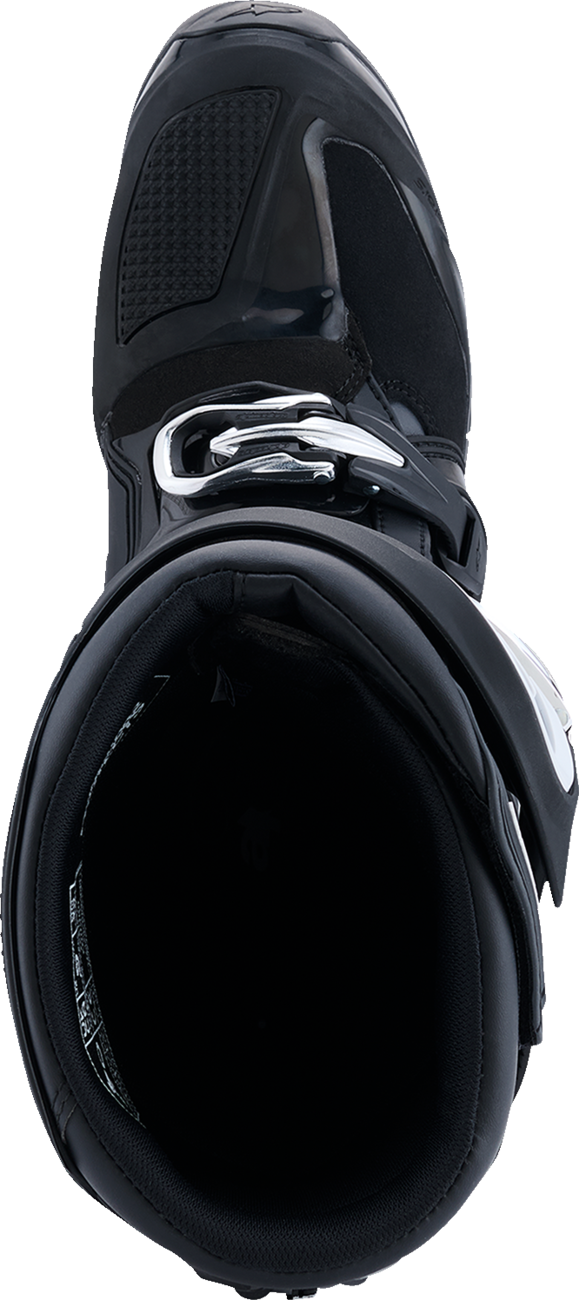 Alpinestars Tech 7 Enduro motorcycle boots in black, anthracite, and white with US size 8, featuring durable design and protective features.