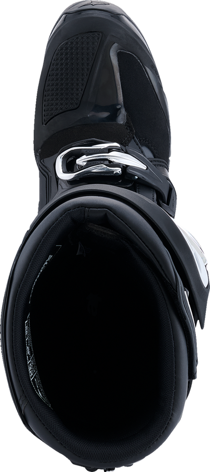 Alpinestars Tech 7 Enduro motorcycle boots in black, anthracite, and white with US size 8, featuring durable design and protective features.