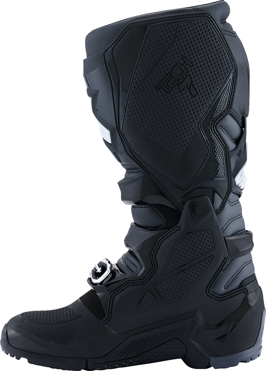 Alpinestars Tech 7 Enduro motorcycle boots in black, anthracite, and white, US size 8, showing sturdy design and protective features.