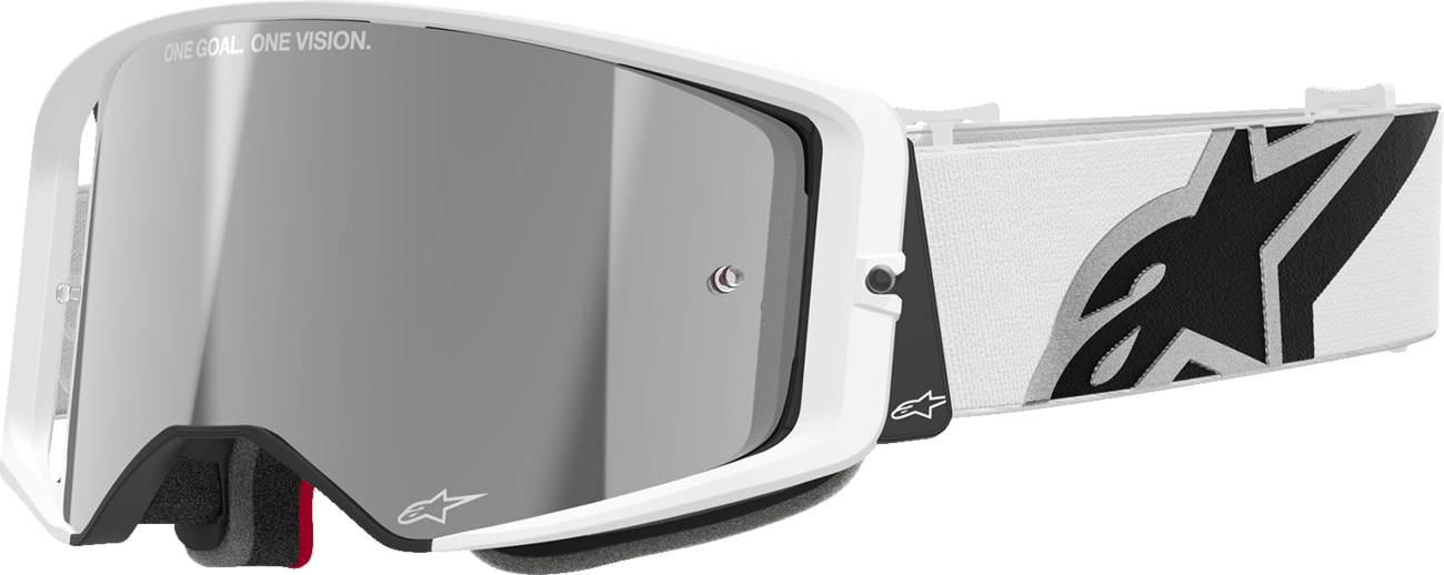 Alpinestars Goggless Supertech goggles with silver mirror lenses and impact-resistant polycarbonate frame for motorcycle riding.