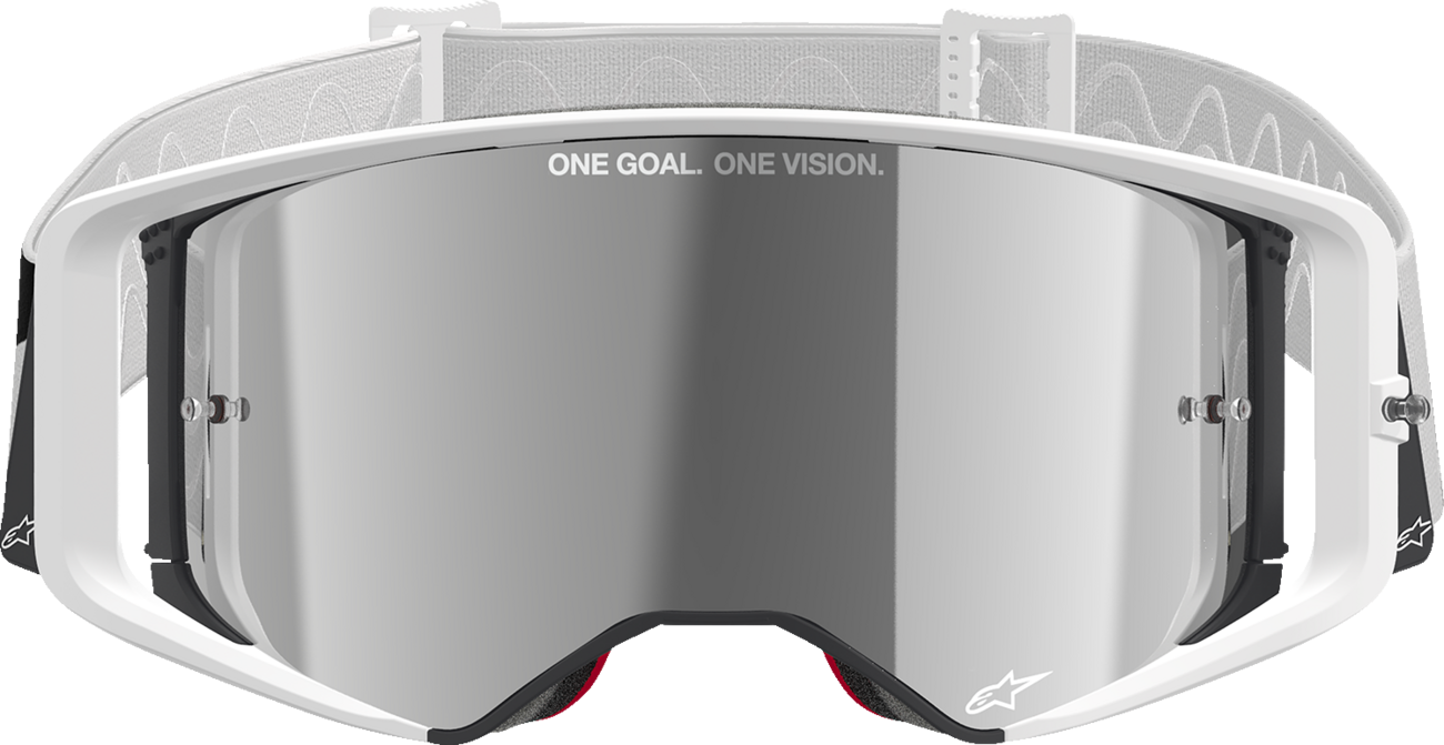 Alpinestars Goggless Supertech goggles with impact-resistant polycarbonate frame and silver mirror lens, designed for motocross riding.