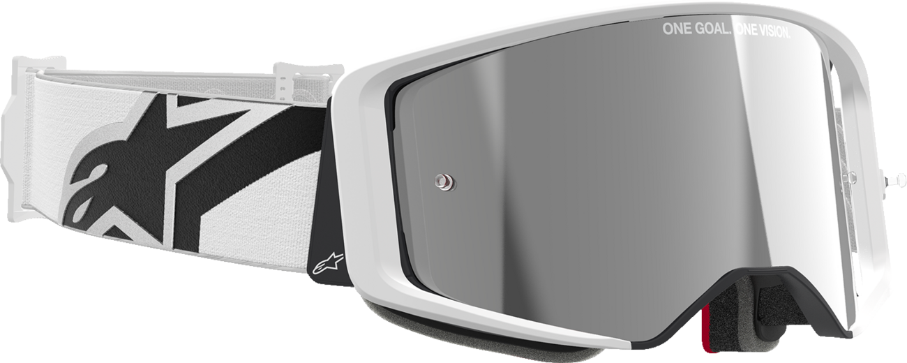 Alpinestars Goggless Supertech goggles with impact-resistant polycarbonate frame and silver mirror lens for motorcycle riding.