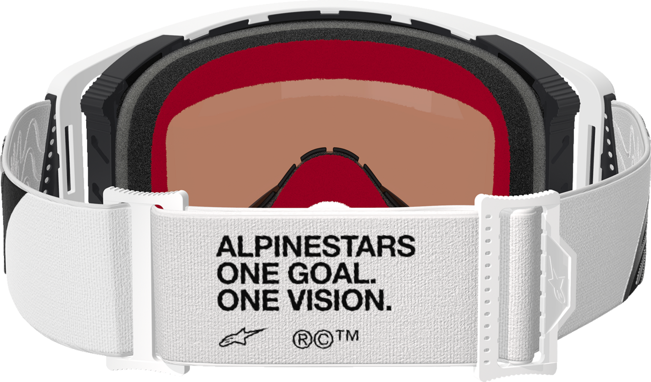 Alpinestars Supertech goggles with impact-resistant polycarbonate frame and silver mirror lens for motocross or racing use.