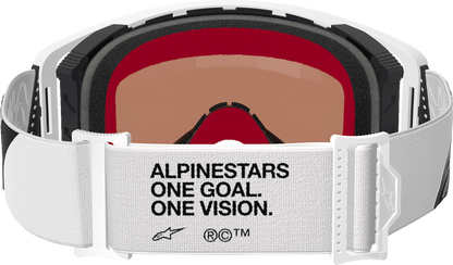 Alpinestars Supertech goggles with impact-resistant polycarbonate frame and silver mirror lens for motocross or racing use.