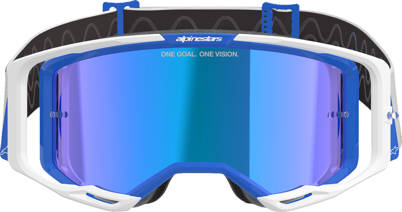 Alpinestars GOGGLES Vision 8 goggles with blue mirror lens and white frame, designed for motorcycle riding.