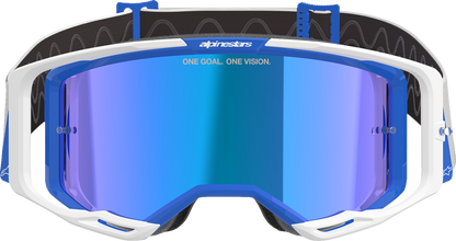 Alpinestars GOGGLES Vision 8 goggles with blue mirror lens and white frame, designed for motorcycle riding.