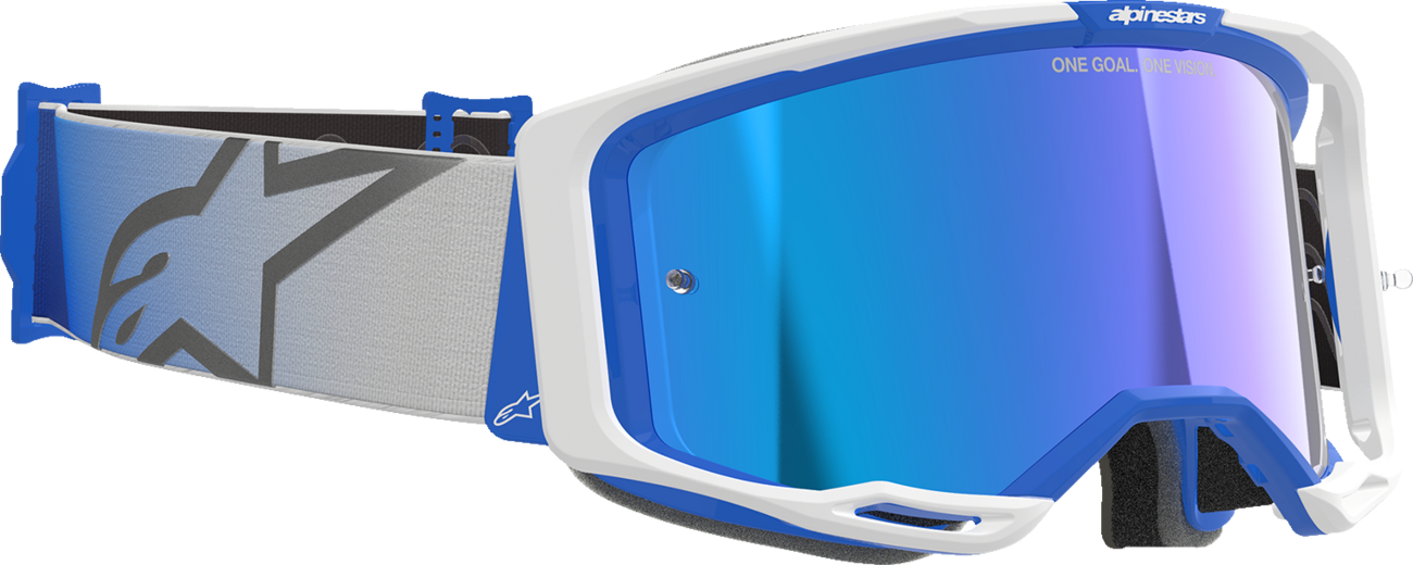 Alpinestars Vision 8 goggles with blue/white frame and blue mirror lens, designed for motorcycle riding protection and style.